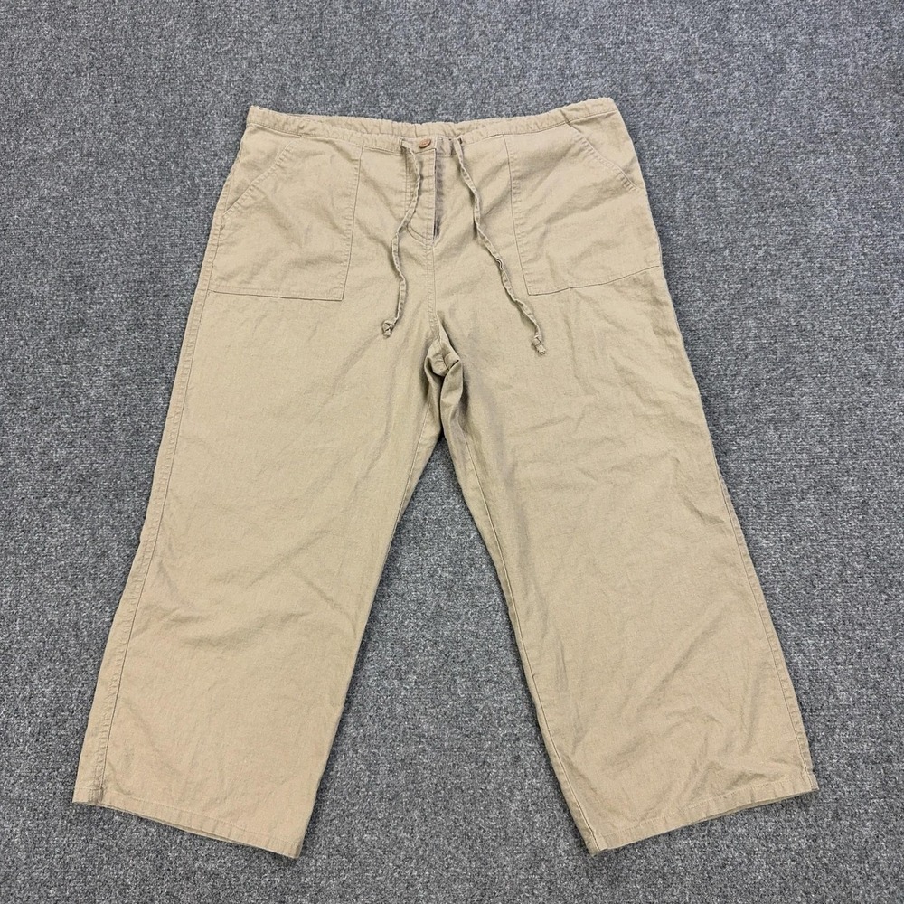 90s Vintage Pants Womens 2X Beige Linen Blend Cropped Wide Leg Drawstring